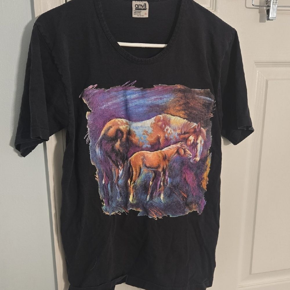 Anvil Black Tee Vintage with Vibrant Horse Design